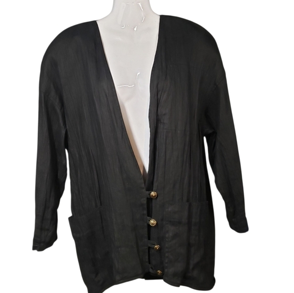 Vintage Black Women's Linen Jacket Blazer Relaxed Boxy - Picture 1 of 16